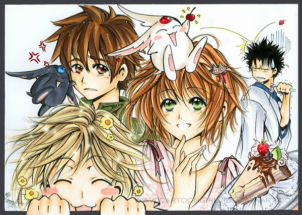 Anime picture 1169x835 with tsubasa reservoir chronicle clamp sakura hime syaoran fay d flourite kurogane mokona-modoki cartoongirl7 blush short hair black hair simple background blonde hair smile brown hair brown eyes green eyes signed eyes closed japanese clothes