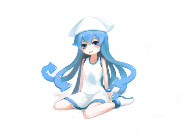 Anime picture 1600x1200 with shinryaku! ika musume ika musume totsukitouka single long hair looking at viewer blush open mouth blue eyes simple background white background sitting blue hair girl hat bracelet