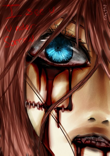 Anime picture 1240x1753 with pixiv morrow single tall image short hair blue eyes brown hair pink hair teeth text scar close-up english clenched teeth blood on face bloody tears girl blood stitches