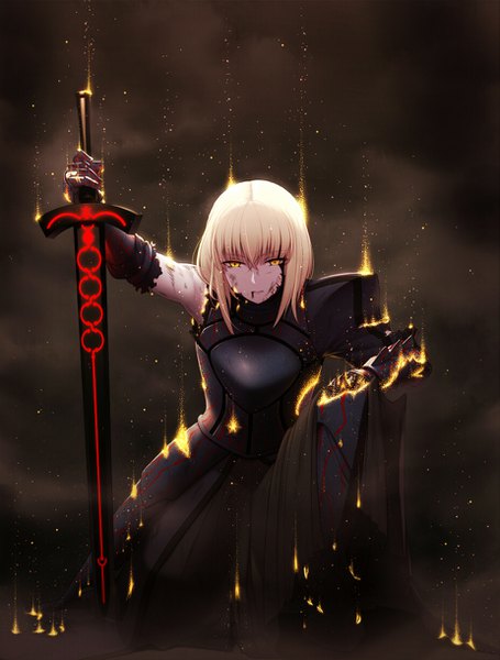Anime picture 925x1220 with fate (series) fate/grand order artoria pendragon (all) saber alter amase (yagami666) single tall image fringe short hair blonde hair hair between eyes yellow eyes full body bent knee (knees) looking down dark background blood on face dark persona dissolving dissolving clothes