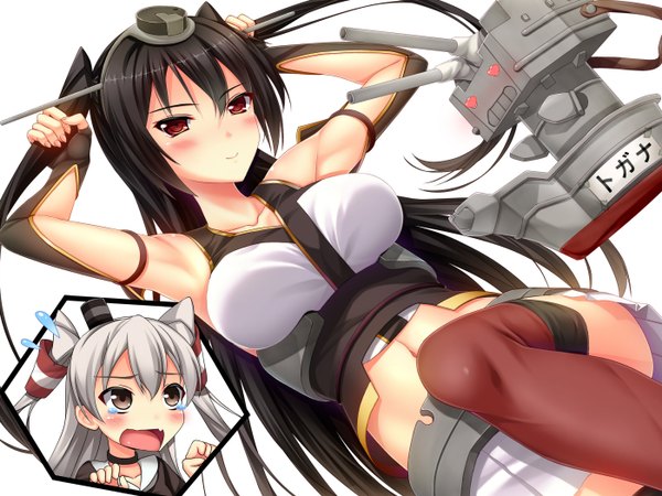 Anime picture 2800x2100 with kantai collection rensouhou-chan amatsukaze destroyer nagato battleship moeki yuuta long hair blush highres open mouth black hair smile red eyes multiple girls brown eyes silver hair two side up girl thighhighs skirt hair ornament