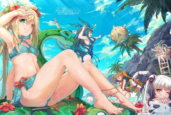 Anime picture 1850x1250 with puzzle & dragons haku (p&d) karin (p&d) leilan (p&d) sakuya (p&d) meimei (p&d) kurokitsune (float0108) long hair fringe highres open mouth blue eyes light erotic black hair blonde hair hair between eyes sitting multiple girls signed yellow eyes