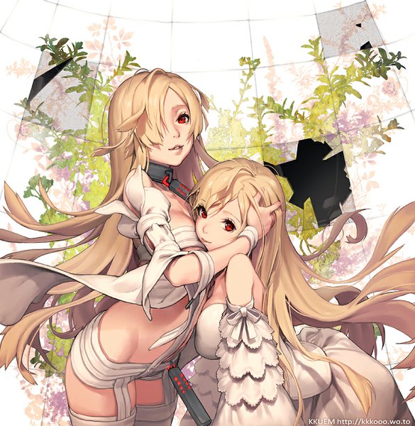 Anime picture 780x800 with gisin jeongi dawnbringer kkuem long hair tall image looking at viewer fringe breasts light erotic blonde hair red eyes large breasts standing bare shoulders multiple girls cleavage ahoge traditional clothes parted lips light smile wind