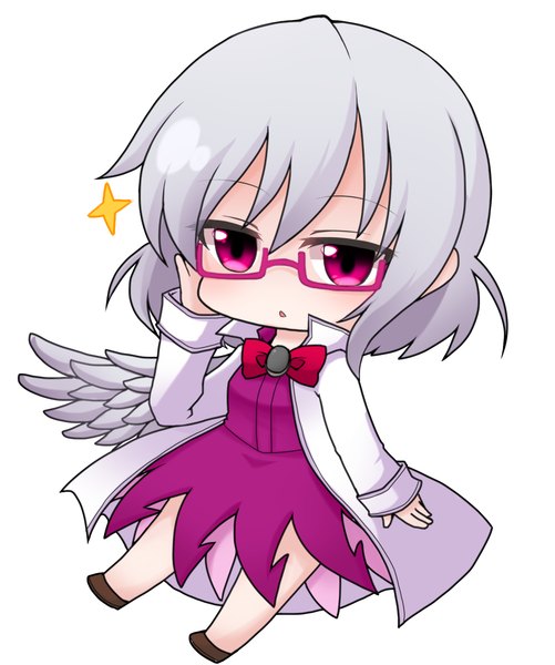 Anime picture 960x1150 with touhou kishin sagume shiohachi single tall image short hair simple background white background purple eyes looking away grey hair chibi adjusting glasses single wing girl dress wings glasses cloak purple dress