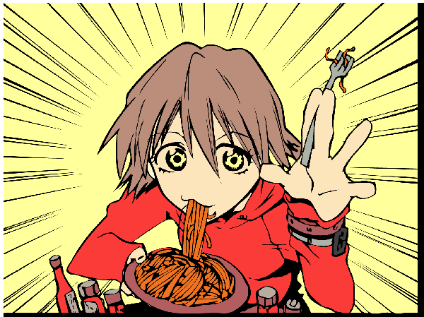 Anime picture 1614x1209 with flcl gainax haruhara haruko single looking at viewer fringe short hair hair between eyes yellow eyes pink hair eating yellow background girl food fork ketchup spaghetti