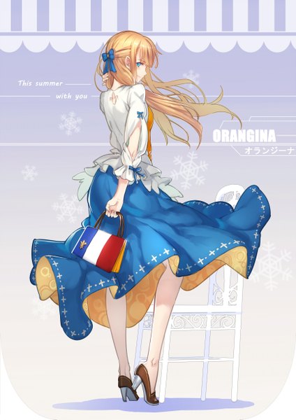 Anime picture 868x1227 with orangina ryuuzaki ichi single long hair tall image looking at viewer blush blue eyes blonde hair smile holding full body looking back inscription adjusting hair hands behind back half updo personification flag print france