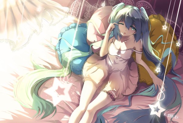 Anime picture 2340x1575 with vocaloid hatsune miku asahi kuroi single looking at viewer highres open mouth sitting twintails bare shoulders signed very long hair one eye closed aqua eyes wind sunlight aqua hair bare legs tattoo sleepy