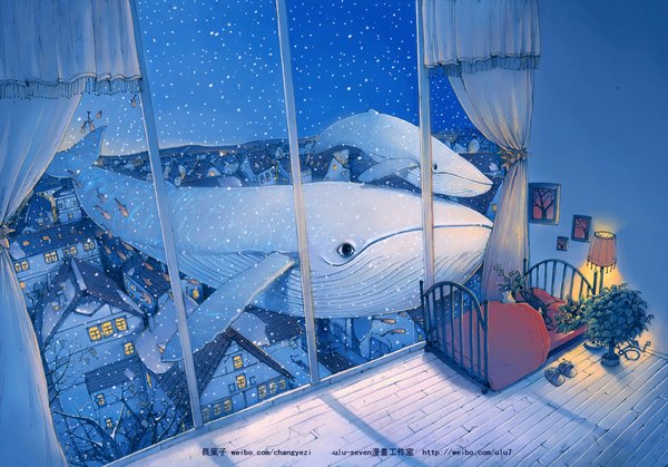 Anime picture 1100x769 with original changyezi single long hair eyes closed city snowing winter sleeping girl plant (plants) animal shoes window bed building (buildings) cat fish (fishes) lamp house