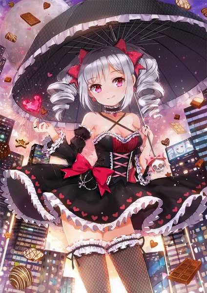Anime picture 1000x1415 with idolmaster idolmaster cinderella girls kanzaki ranko dangmill single long hair tall image blush fringe smile standing twintails holding sky silver hair pink eyes sunlight night night sky city