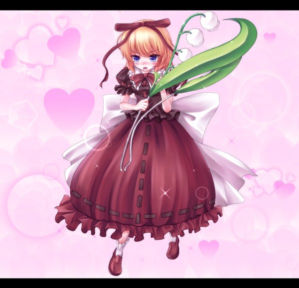 Anime picture 1600x1542 with touhou medicine melancholy k-sk style single blush short hair open mouth blue eyes blonde hair letterboxed girl dress flower (flowers) ribbon (ribbons) hair ribbon shoes heart lily of the valley