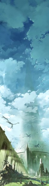Anime picture 1000x3750 with original mary (pixiv) tall image sky cloud (clouds) lens flare fantasy scenic panorama long image weapon dragon bridge tower