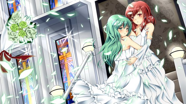 Anime-Bild 1600x900 mit touhou hakurei reimu kochiya sanae ahirun wide image girl dress wedding dress