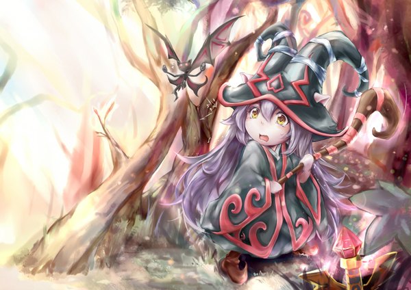 Anime picture 1403x992 with league of legends lulu (league of legends) lancer0519 single blush yellow eyes purple hair very long hair fairy girl plant (plants) hat tree (trees) witch hat staff forest