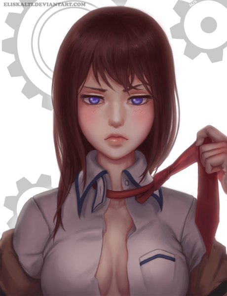 Anime picture 1000x1304 with steins;gate white fox makise kurisu eliskalti single tall image looking at viewer blush light erotic brown hair purple eyes lips open clothes open shirt girl shirt necktie