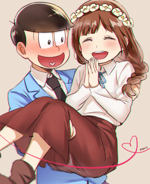 Anime picture 650x800 with osomatsu-san matsuno juushimatsu juushimatsu's girlfriend mery (yangmalgage) long hair tall image blush fringe short hair open mouth simple background brown hair signed looking away braid (braids) eyes closed single braid ^ ^ hands clasped brown background