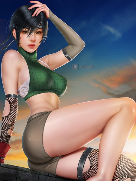 Anime picture 768x1024 with final fantasy final fantasy vii square enix yuffie kisaragi yi qiang single tall image looking at viewer fringe short hair breasts light erotic black hair hair between eyes large breasts brown eyes cloud (clouds) bent knee (knees) outdoors arm up