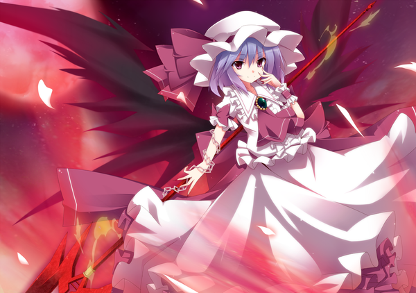 Anime picture 2480x1748 with touhou remilia scarlet kurono yuzuko single highres short hair red eyes blue hair girl dress weapon hat petals wings chain locket spear the gungnir