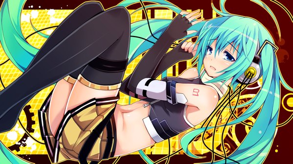 Anime picture 1920x1080 with vocaloid hatsune miku chiri (atlanta) single highres open mouth blue eyes wide image twintails very long hair aqua hair midriff girl thighhighs navel black thighhighs detached sleeves miniskirt headphones