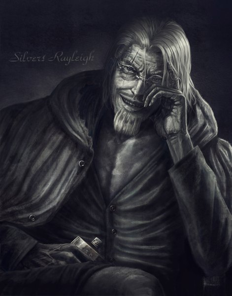 Anime picture 2200x2800 with one piece toei animation silvers rayleigh hwansang single tall image highres short hair inscription monochrome scar boy glasses beard canteen