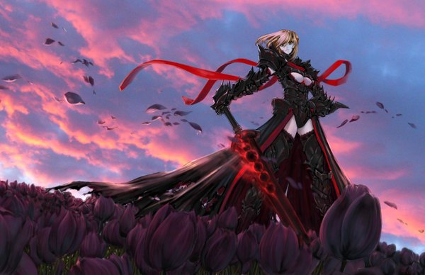 Anime picture 2716x1759 with fate (series) fate/stay night studio deen type-moon artoria pendragon (all) saber alter jian huang single long hair highres breasts light erotic blonde hair yellow eyes sky cloud (clouds) girl flower (flowers) weapon sword