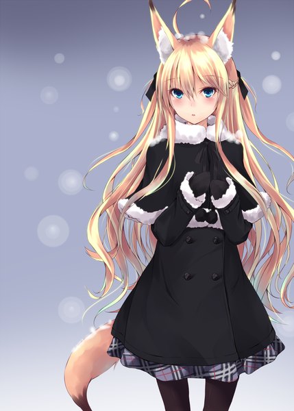 Anime picture 1000x1399 with original second heaven single long hair tall image blush blue eyes blonde hair fox ears fox tail fox girl girl ribbon (ribbons) hair ribbon winter clothes