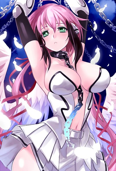 Anime picture 708x1048 with sora no otoshimono ikaros nana g single long hair tall image looking at viewer blush breasts light erotic large breasts twintails green eyes pink hair armpit (armpits) angel wings girl navel wings chain