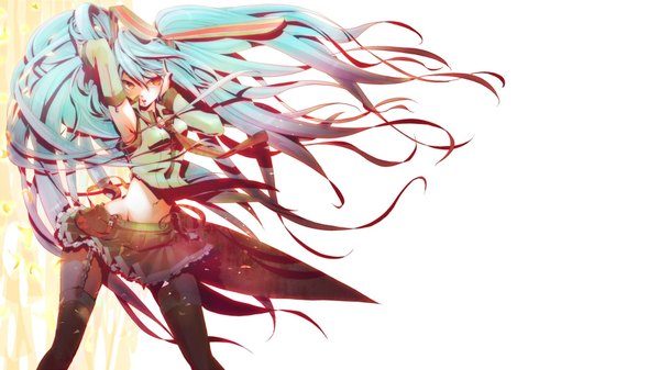 Anime picture 1867x1050 with vocaloid hatsune miku tagme (artist) long hair highres simple background wide image standing yellow eyes looking away very long hair wind aqua hair orange eyes arm behind head girl thighhighs skirt navel ribbon (ribbons)