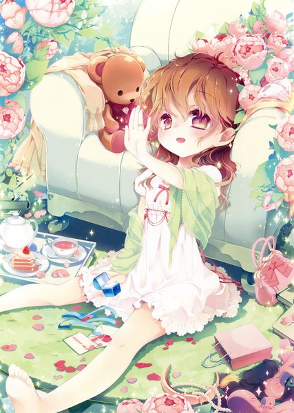 Anime picture 2350x3300 with original eshi 100-nin ten mitaonsya single long hair tall image blush highres open mouth brown hair brown eyes scan official art loli girl dress flower (flowers) petals sweets toy