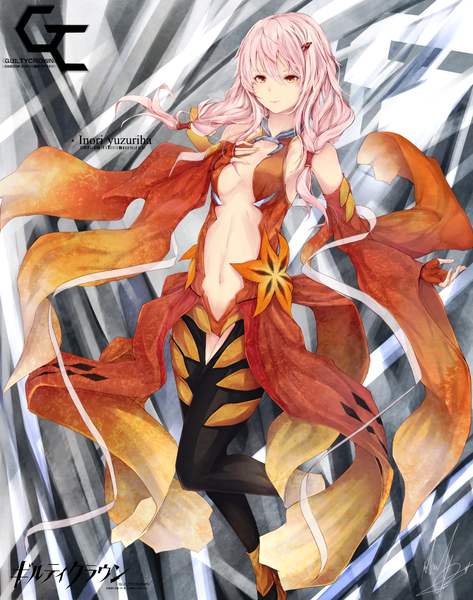 Anime picture 1879x2383 with guilty crown production i.g yuzuriha inori marumoru single long hair tall image fringe highres breasts light erotic red eyes pink hair light smile wide sleeves logo girl hair ornament detached sleeves hairclip