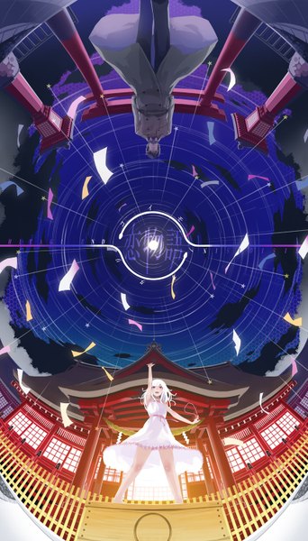 Anime picture 857x1500 with bakemonogatari nisemonogatari shaft (studio) monogatari (series) sengoku nadeko kaiki deishu lif (lif-ppp) tall image short hair open mouth black hair bare shoulders cloud (clouds) inscription night arms up bare legs night sky looking down looking up