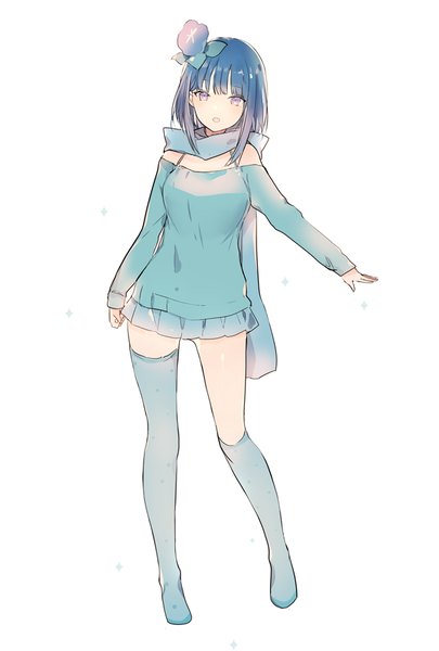 Anime picture 608x900 with original lpip single tall image looking at viewer fringe short hair breasts standing white background purple eyes blue hair full body head tilt hair flower no shoes outstretched arm girl thighhighs flower (flowers)