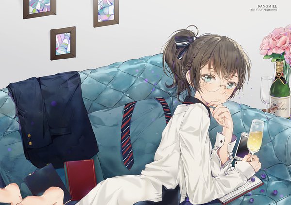 Anime picture 1000x707 with original dangmill single looking at viewer fringe blue eyes brown hair signed ponytail looking back barefoot on stomach hand to mouth girl flower (flowers) ribbon (ribbons) hair ribbon animal shirt glasses
