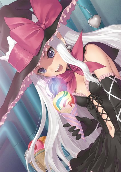 Anime picture 1282x1817 with shining (series) shining hearts melty de granite tony taka single long hair tall image open mouth purple eyes absurdres white hair official art witch girl dress gloves navel bow hat earrings