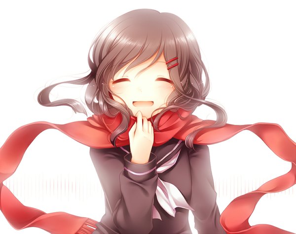 Anime picture 1100x869 with kagerou project shaft (studio) sanotsuki single short hair open mouth simple background brown hair white background eyes closed girl scarf