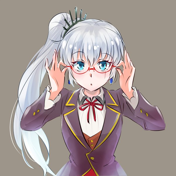 Anime picture 1600x1600 with rwby rooster teeth weiss schnee iesupa single long hair looking at viewer blue eyes simple background silver hair upper body long sleeves parted lips grey background :o side ponytail scar adjusting glasses bespectacled girl