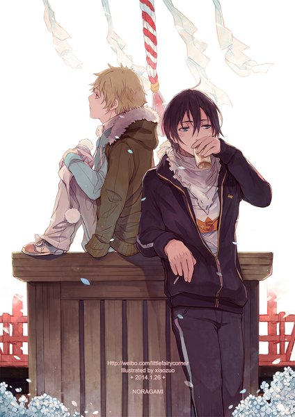 Anime picture 800x1132 with noragami studio bones yato (noragami) yukine (noragami) yamato5240 tall image fringe short hair blue eyes blonde hair simple background standing white background sitting holding looking away profile open clothes open jacket looking up