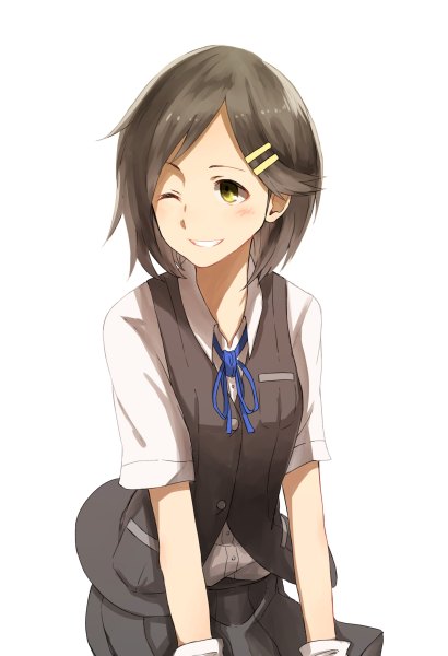 Anime picture 820x1200 with kantai collection kuroshio destroyer tsukamoto minori single tall image blush short hair black hair simple background smile white background yellow eyes looking away one eye closed wink girl hair ornament hairclip vest