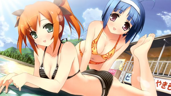 Anime picture 4509x2527 with kaitou tenshi twin angel twin angel blush highres short hair light erotic wide image twintails purple eyes multiple girls green eyes blue hair ahoge beach short twintails girl 2 girls swimsuit bikini headband