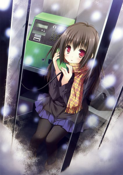 Anime picture 2593x3681 with moekibara fumitake single long hair tall image highres black hair red eyes girl skirt uniform school uniform miniskirt scarf phone
