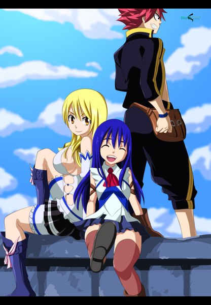 Anime picture 1600x2304 with fairy tail lucy heartfilia natsu dragneel wendy marvell lworldchiefl long hair tall image short hair breasts open mouth light erotic blonde hair smile multiple girls yellow eyes blue hair pink hair sky cloud (clouds) eyes closed