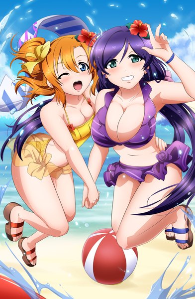 Anime picture 3010x4604 with love live! school idol project sunrise (studio) love live! toujou nozomi kousaka honoka umakatsuhai long hair tall image looking at viewer blush highres short hair breasts open mouth light erotic large breasts twintails multiple girls green eyes absurdres