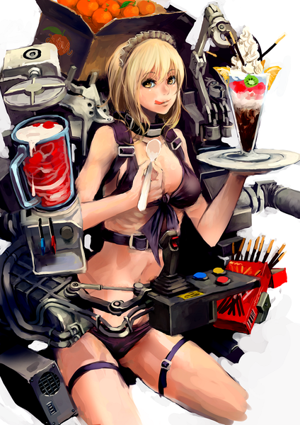 Anime picture 724x1024 with original jittsu single tall image short hair light erotic simple background blonde hair white background sitting brown eyes eating licking mechanical girl navel food lingerie bra sweets