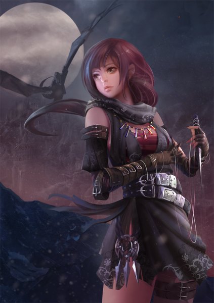 Anime picture 980x1389 with original yueyue single long hair tall image fringe blue eyes brown hair standing looking away night night sky flying fantasy rock girl gloves weapon wings elbow gloves