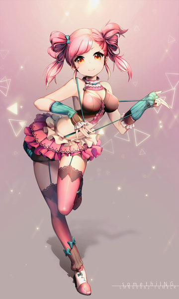 Anime picture 1000x1664 with original ng (kimjae737) single long hair tall image looking at viewer light erotic smile standing bare shoulders pink hair cleavage inscription orange eyes watermark girl thighhighs gloves bow hair bow