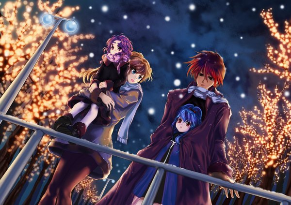 Anime picture 1488x1052 with super robot wars excellen browning alfimi kyousuke nanbu lemon browning st.microscope long hair short hair blue eyes red eyes brown hair purple eyes multiple girls blue hair purple hair red hair from below snowing winter girl