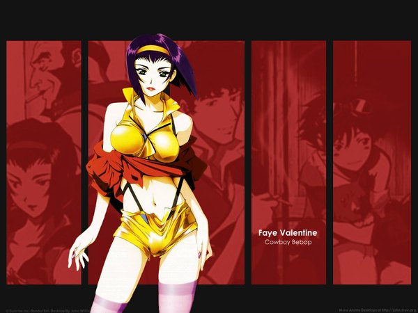 Anime picture 1024x768 with cowboy bebop sunrise (studio) faye valentine spike spiegel edward wong hau pepelu tivrusky iv ein (cowboy bebop) jet black blush short hair bare shoulders green eyes purple hair nail polish profile light smile lips wallpaper copyright name character names red background