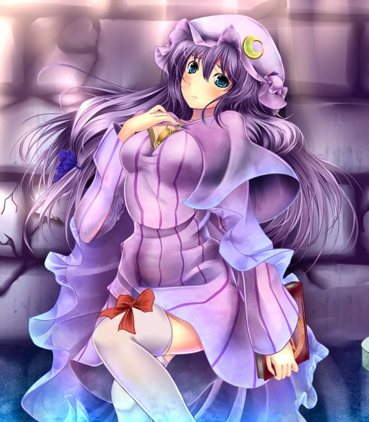 Anime picture 1400x1600 with touhou patchouli knowledge monikano single long hair tall image blue eyes purple hair girl thighhighs white thighhighs bonnet
