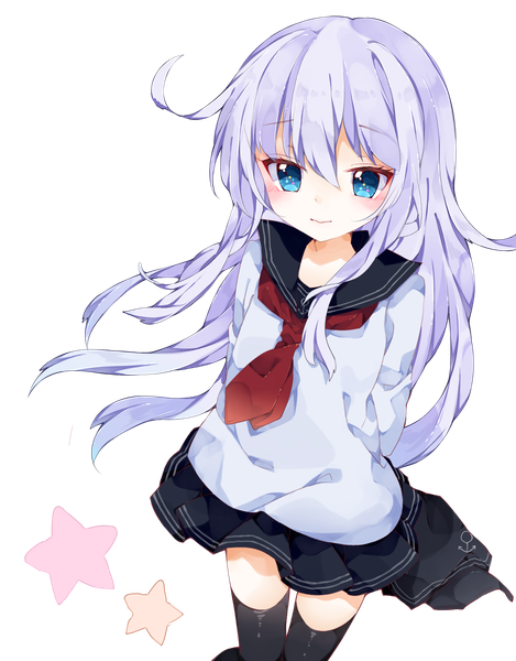 Anime picture 1155x1475 with kantai collection hibiki destroyer chico152 single long hair tall image looking at viewer blush fringe blue eyes standing purple hair pleated skirt light smile from above transparent background girl thighhighs skirt uniform