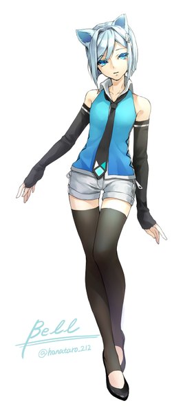 Anime picture 800x1700 with original hinase kanoto single tall image short hair blue eyes standing bare shoulders animal ears looking away grey hair cat ears inscription zettai ryouiki girl thighhighs black thighhighs detached sleeves necktie shorts
