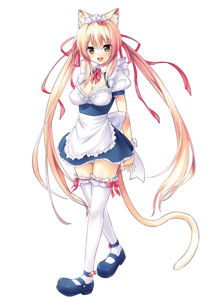 Anime picture 692x1000 with original oryou single tall image looking at viewer blush open mouth simple background blonde hair white background twintails animal ears yellow eyes tail very long hair animal tail cat ears maid cat girl cat tail